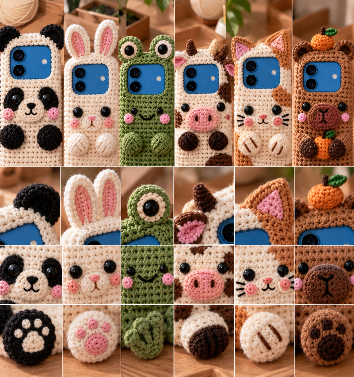 Step by step demonstration of pinning, positioning, and whipstitching 3D animal ears and facial features onto a crochet sleeve