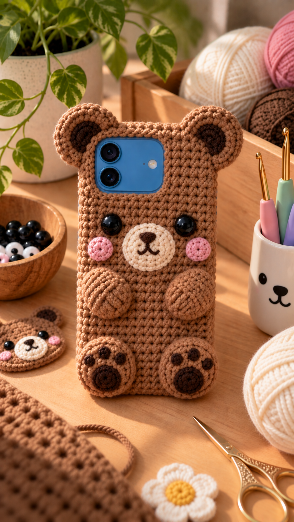 Cozy Teddy Bear crochet iPhone 18 case with warm caramel brown yarn, round cup ears, and cream muzzle