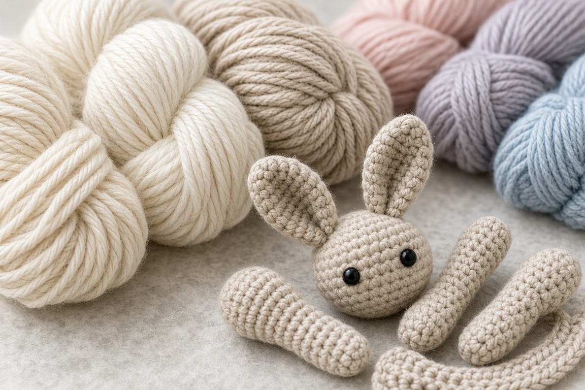 Comparing different yarn types for crochet bunnies including cotton, chenille velvet, and acrylic yarn skeins