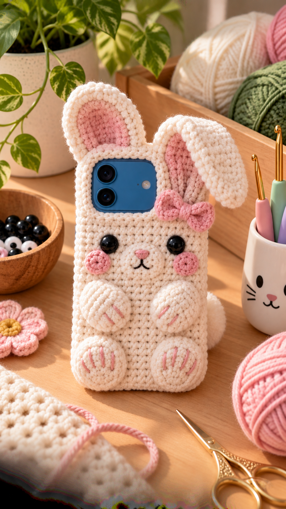 Adorable Bunny crochet iPhone 18 case with long upright floppy ears, pastel pink inner ear accents, and a satin bow
