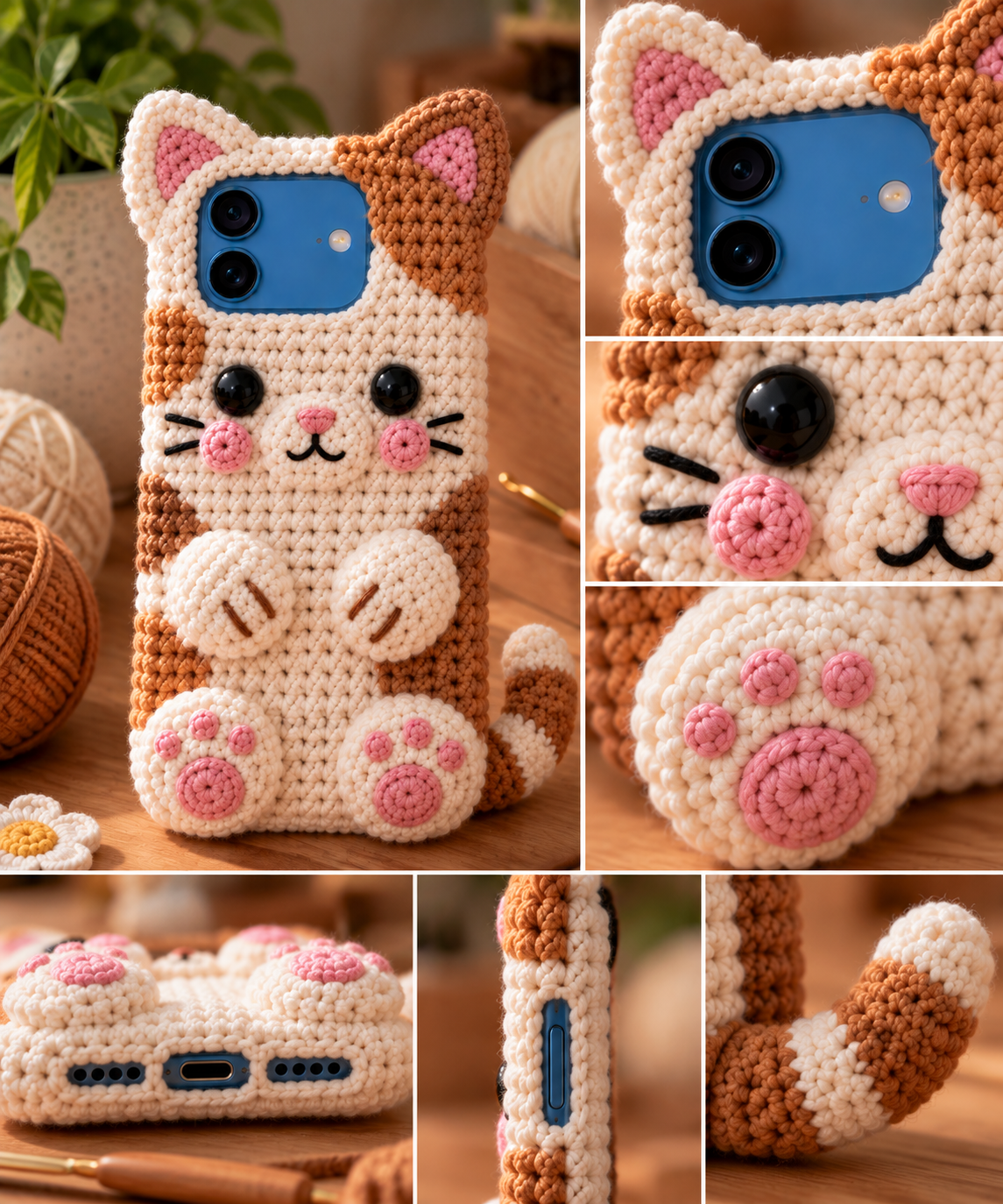 Detailed close up of a clean, reinforced crochet camera cutout opening framing the iPhone camera bump perfectly