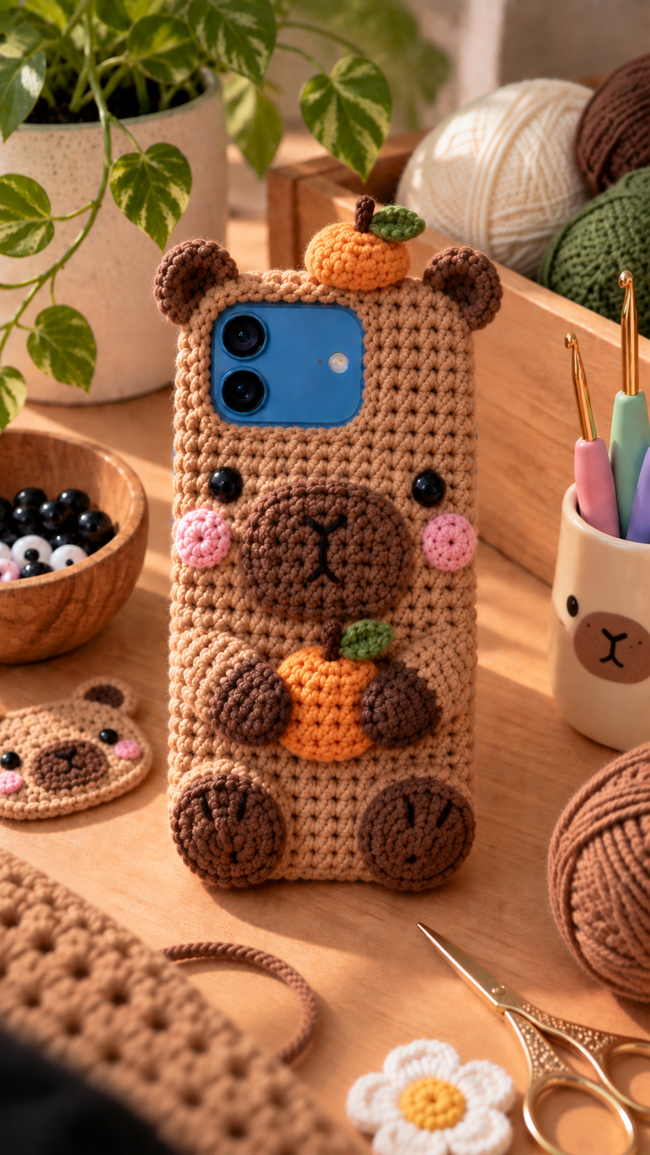 Viral Capybara crochet iPhone 18 case with calm rectangular snout, mini orange fruit on head, and warm taupe yarn