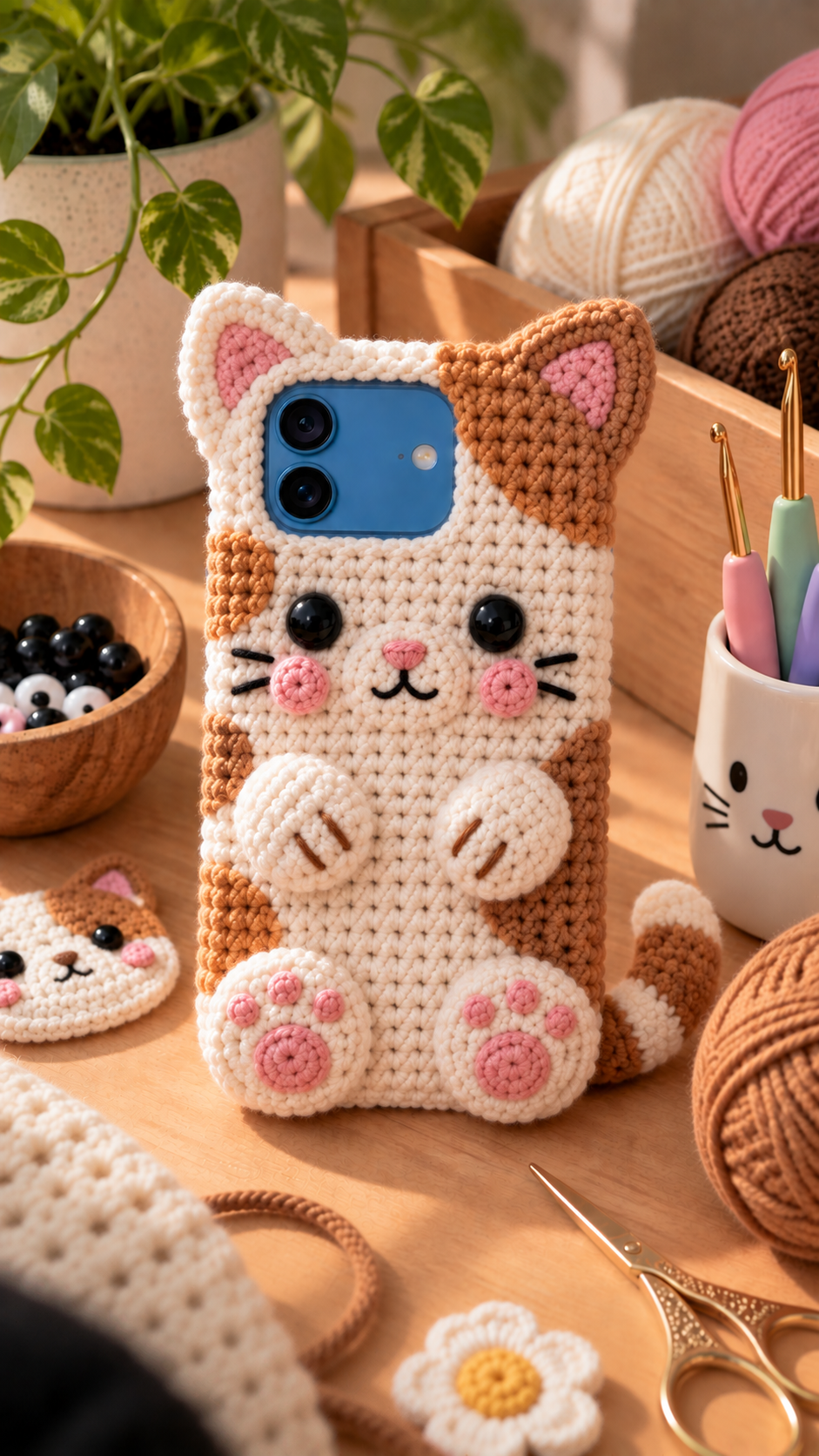 Charming Cat crochet iPhone 18 case with pointed triangular ears, delicate whiskers, and heart nose