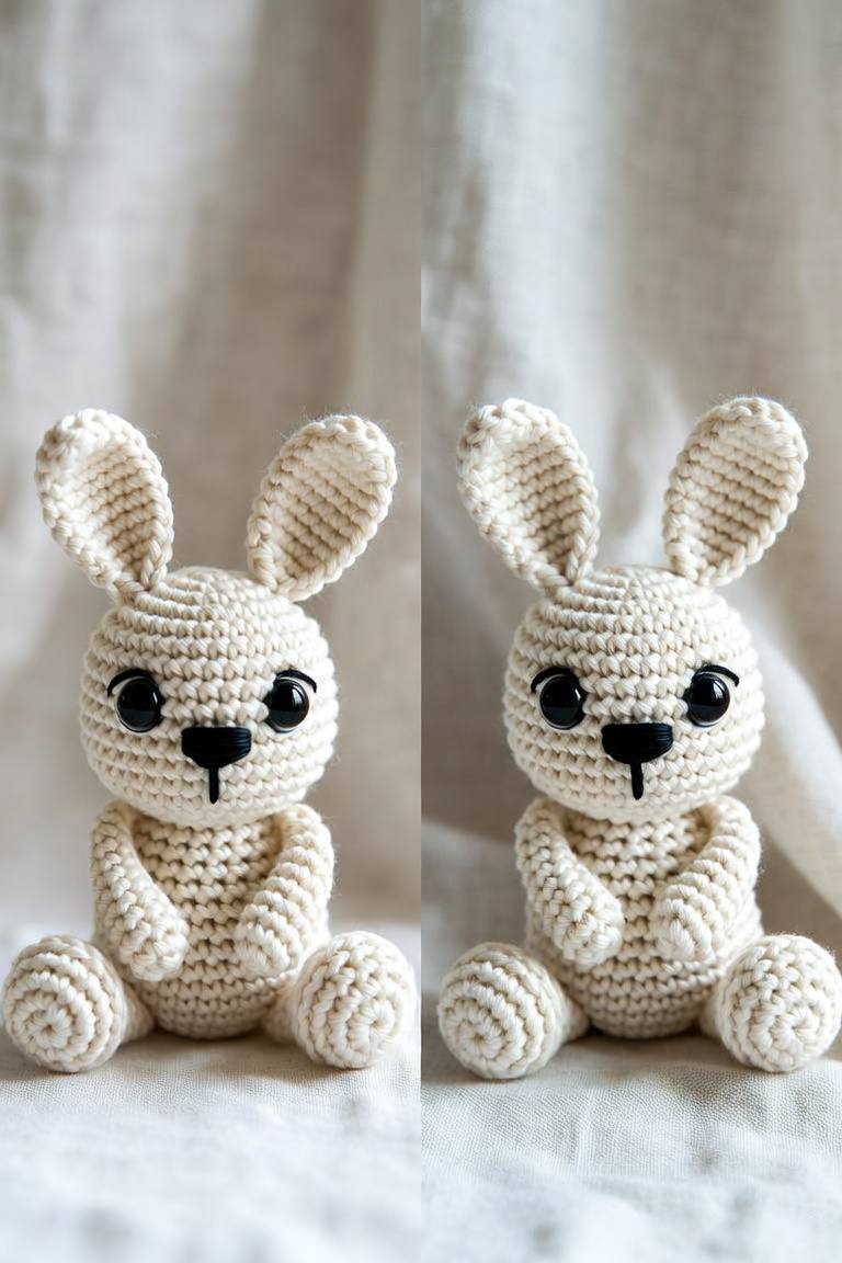 Side-by-side comparison of common crochet bunny mistakes showing ear alignment and stitch issues