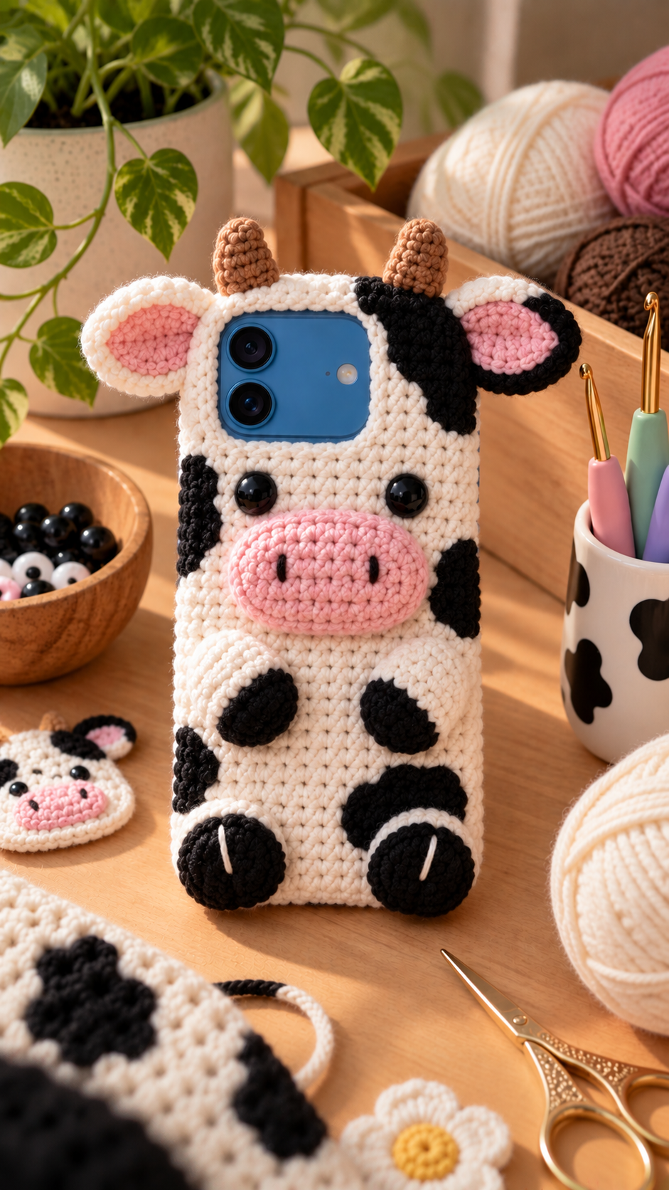 Strawberry Farmcore Cow crochet iPhone 18 case with pink spots, mini horns, plush snout, and 3D ears