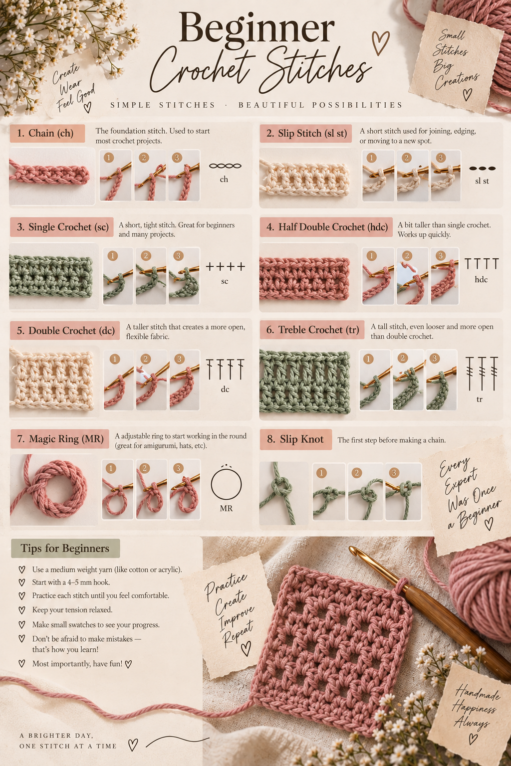 Beginner Stitches Used for Triangle Bandana - Chain, Single Crochet, Double Crochet, Slip Stitch