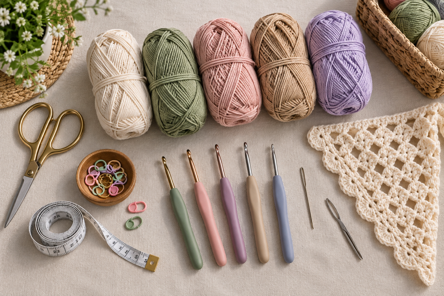Crochet Bandana Materials Needed - Yarn, Hook, Scissors, Tape Measure, Needle