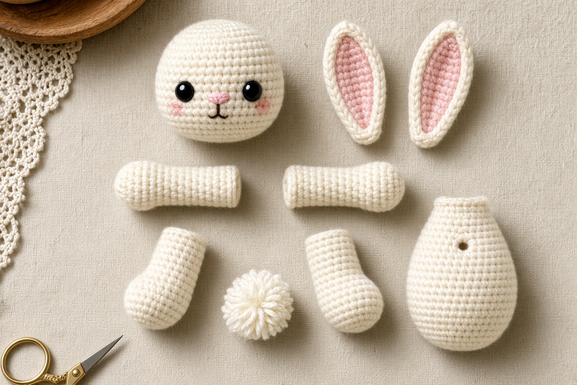 Disassembled crochet bunny parts laid out on fabric showing head, ears, arms, legs, tail, and body