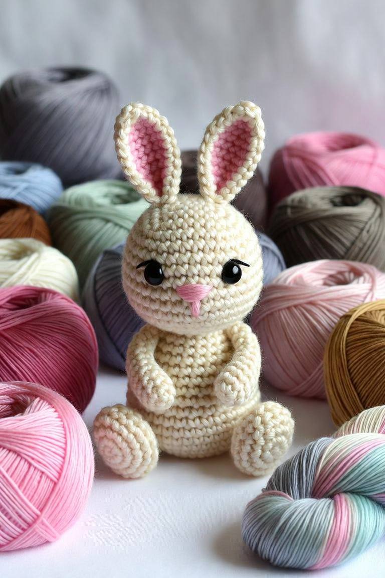 Crochet bunny surrounded by colorful pastel yarn cakes including pink, mint, lavender, and buttercup