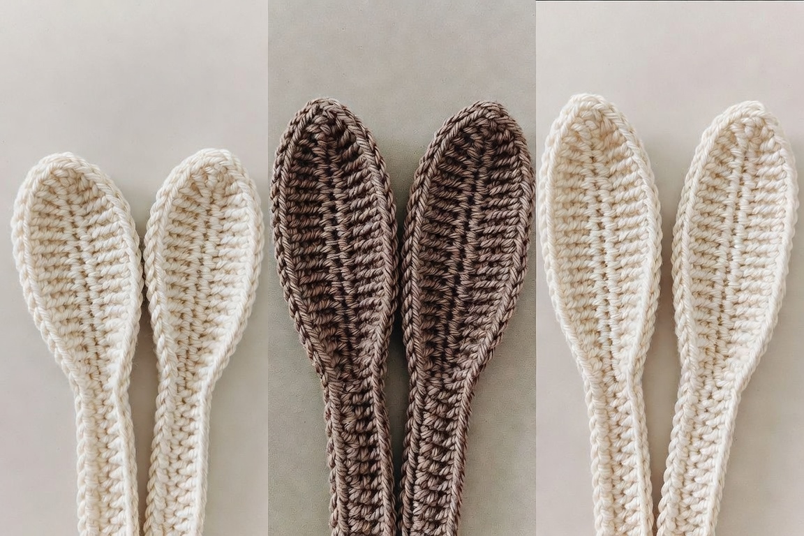 Three pairs of crocheted bunny ears showing graduated shaping and inner contour