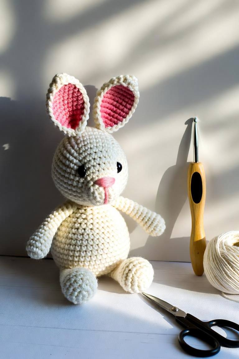 Crochet bunny resting near FAQ notebook and crafting tools
