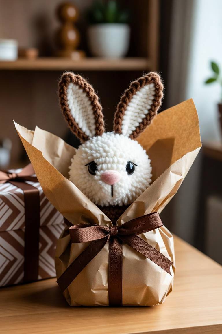 Gift presentation of crochet bunnies in a gift box with ribbons and handmade craft tags