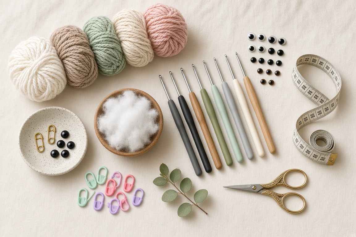 Flat lay of crochet supplies for making a bunny including pastel yarn skeins, ergonomic hooks, safety eyes, stitch markers, and scissors