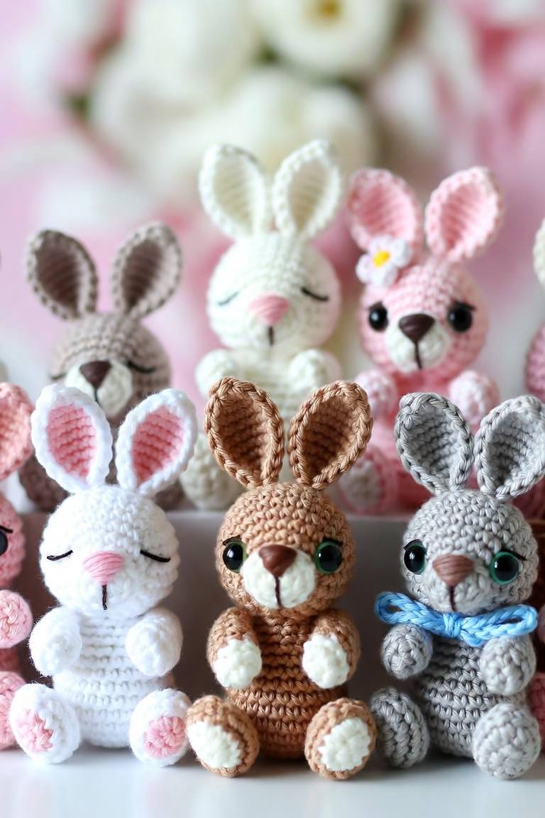 Lineup of miniature amigurumi bunny variations including sleeping bunnies, pink rabbits, and bowties