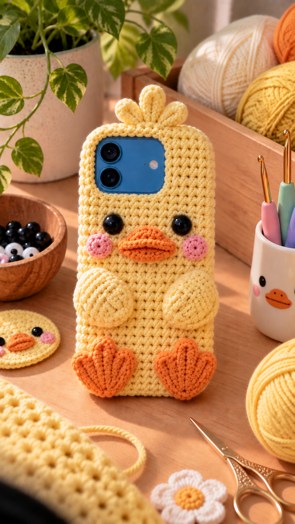 Sunny Yellow Duck crochet iPhone 18 case with 3D bill, side wing flaps, and cute bobble crest