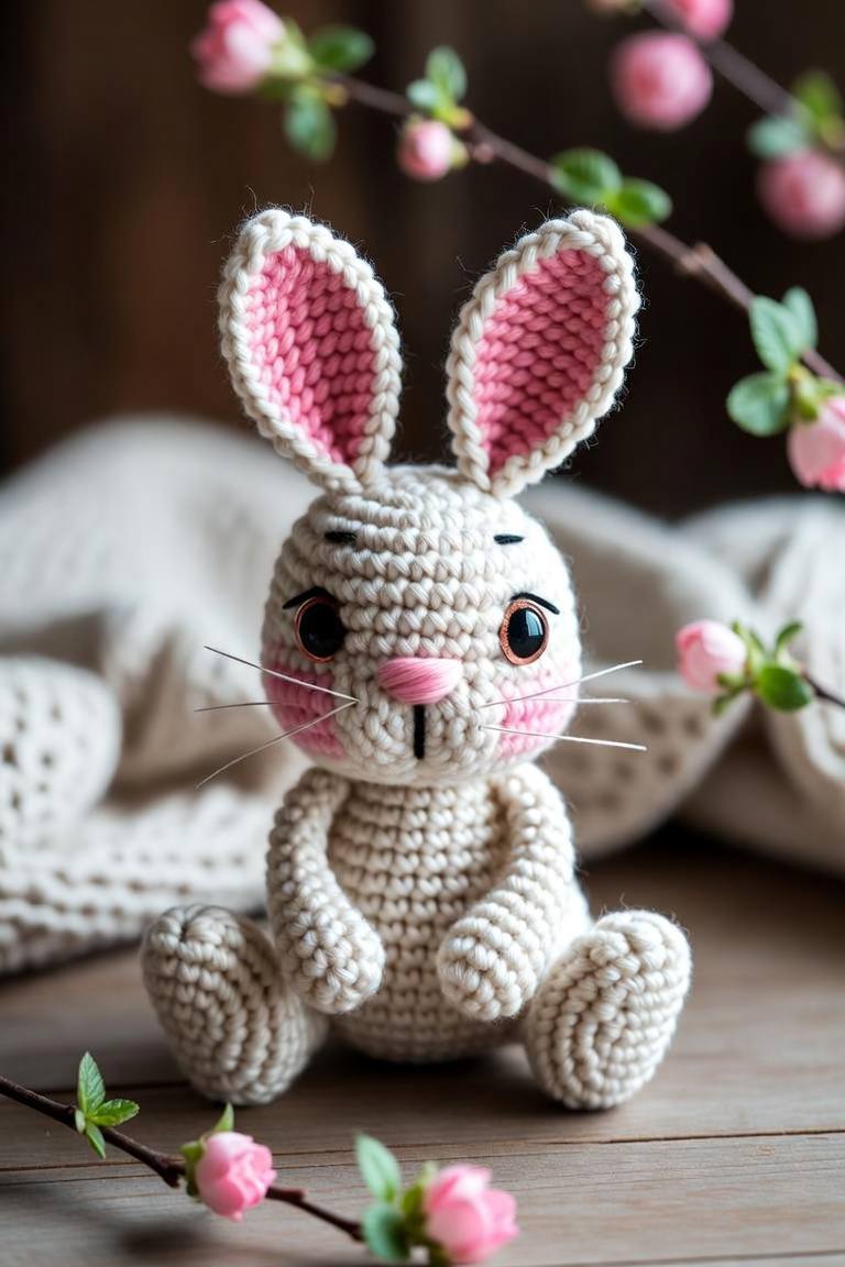 Completed handmade crochet bunny amigurumi sitting beautifully next to spring blossom branches
