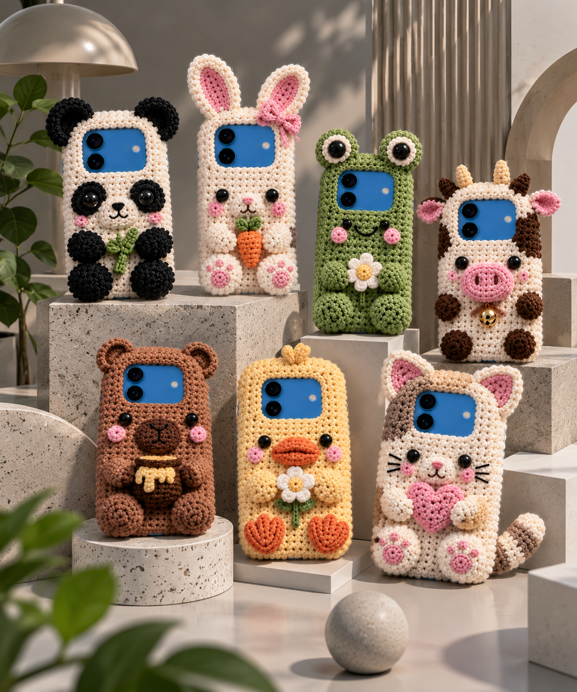 Finished animal crochet phone cases alongside yarn notions and craft supplies