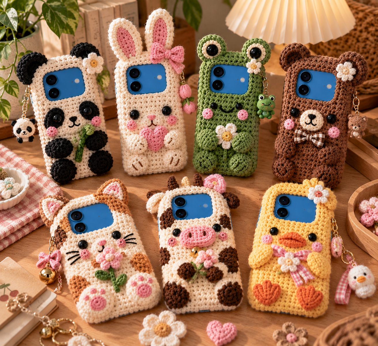 Collection of miniature crochet accessories including daisy flowers, puffy hearts, satin bows, and dangling wristlet charms