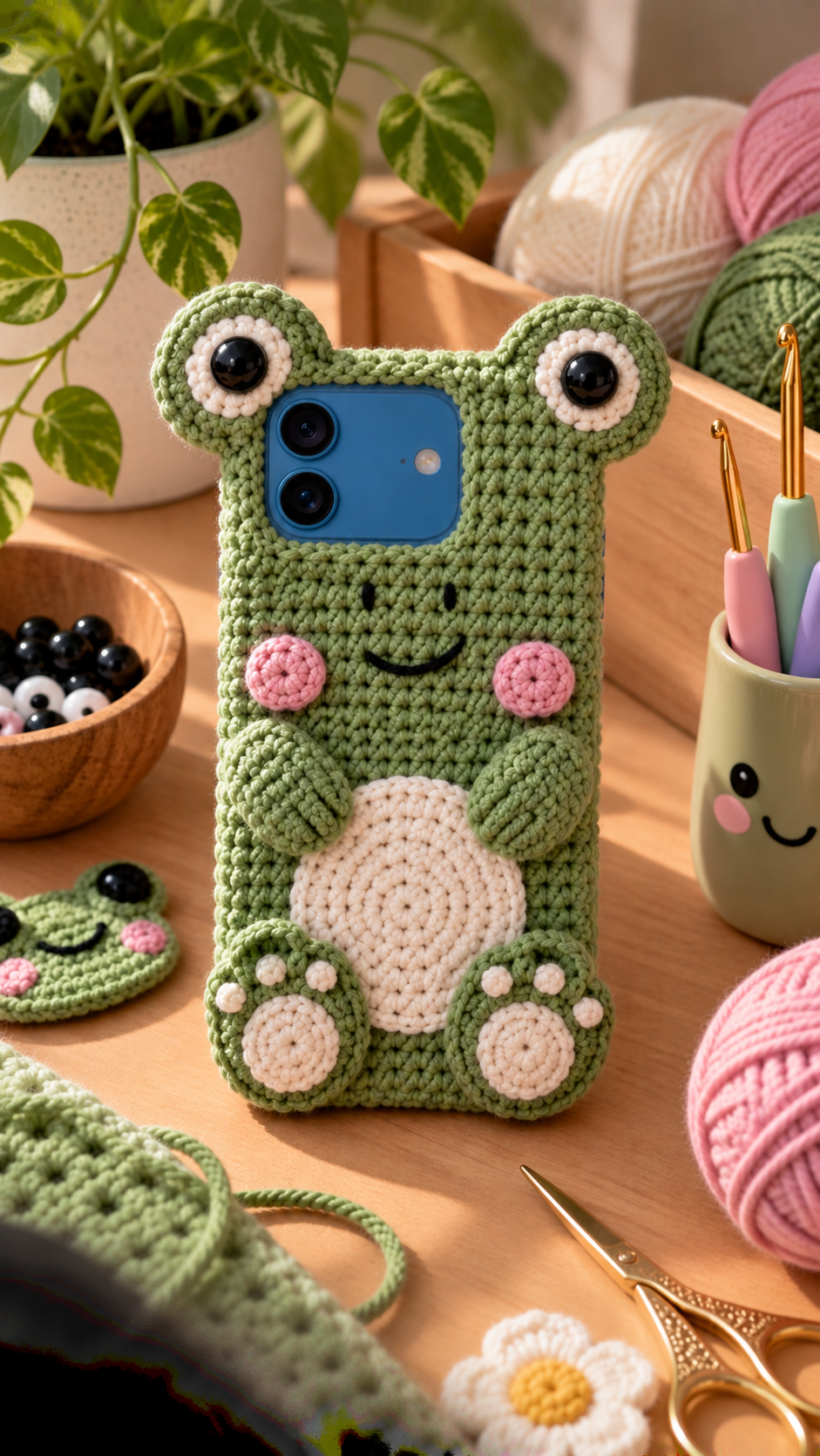 Kawaii Frog crochet iPhone 18 case with large 3D sphere eyes, moss green textured yarn, and smiling embroidered mouth