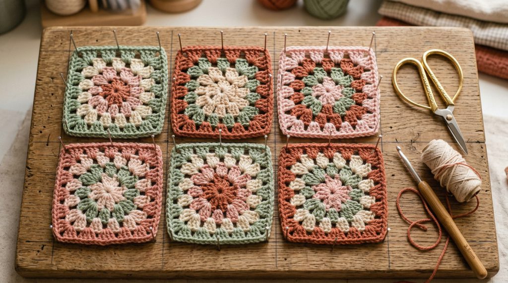 Classic Granny Square Pattern Step by Step Beginner Guide Blocking Board