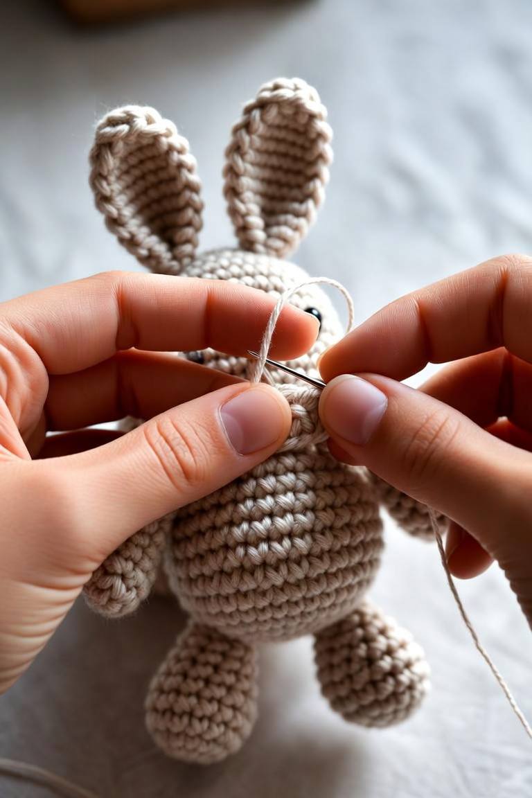 Hands using a tapestry needle to stitch the head to the body of a crochet bunny