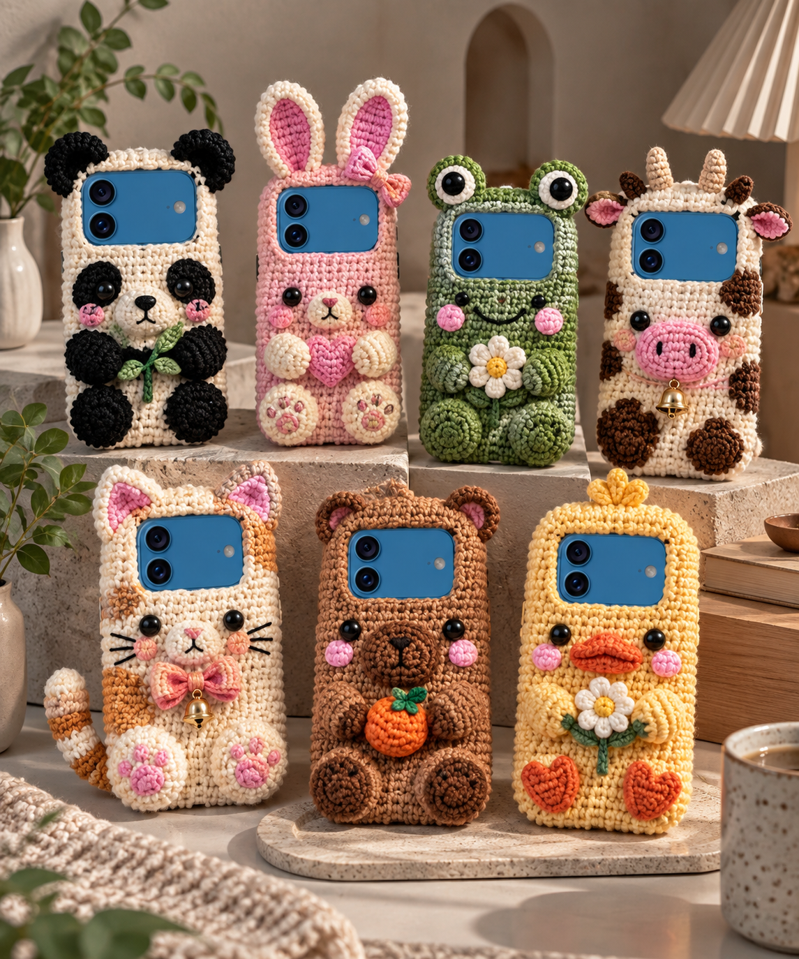 Stunning boutique showcase of finished animal crochet iPhone 18 cases displayed with pride in a sunny craft room