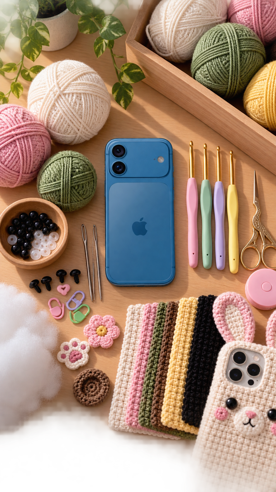 Complete crochet materials flatlay including mercerized cotton yarn, ergonomic hooks, safety eyes, stitch markers, and tapestry needles