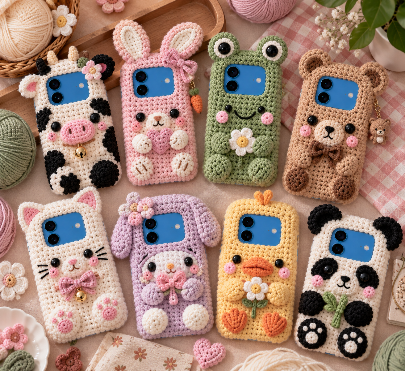 Palette of yarn skeins showcasing pastel aesthetics, earthy neutrals, and bold dopamine colorways for crochet phone cases