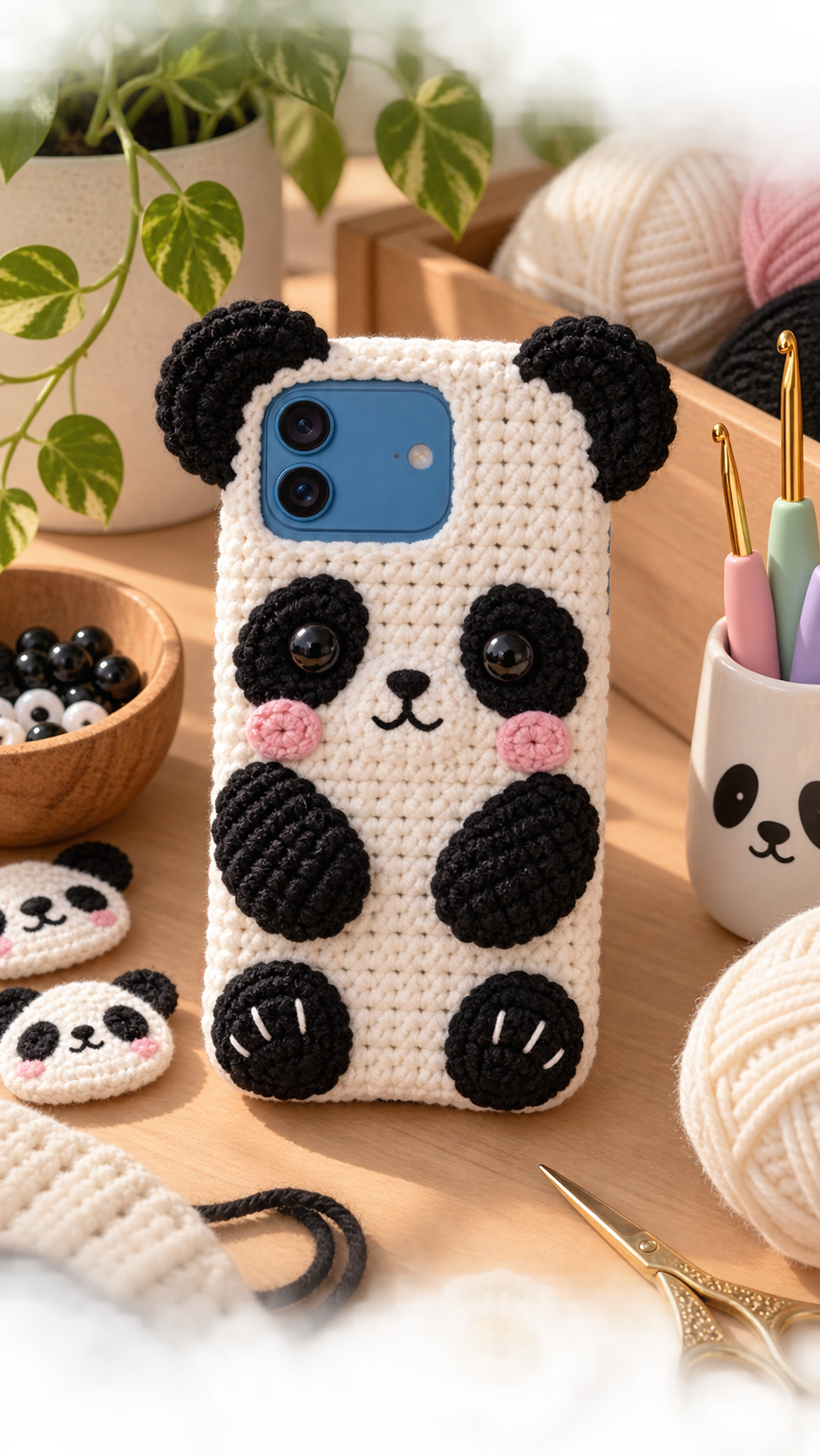 Handmade Panda crochet iPhone 18 case with black 3D ears, embroidered eye patches, and round snout
