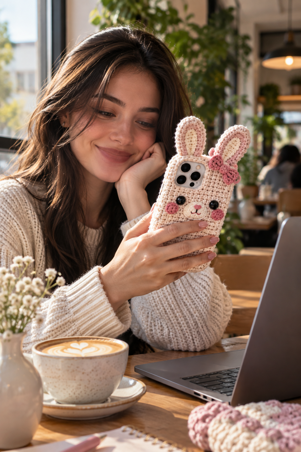 Trendy aesthetic display of crochet animal phone cases on TikTok and Pinterest feeds