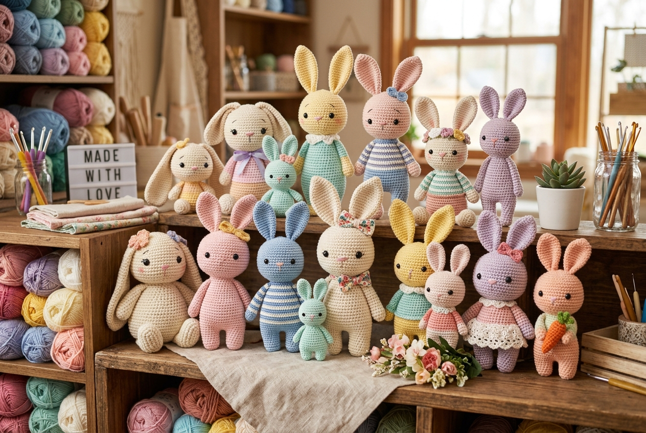 Collection of cute handmade crochet amigurumi bunnies in pastel craft setting